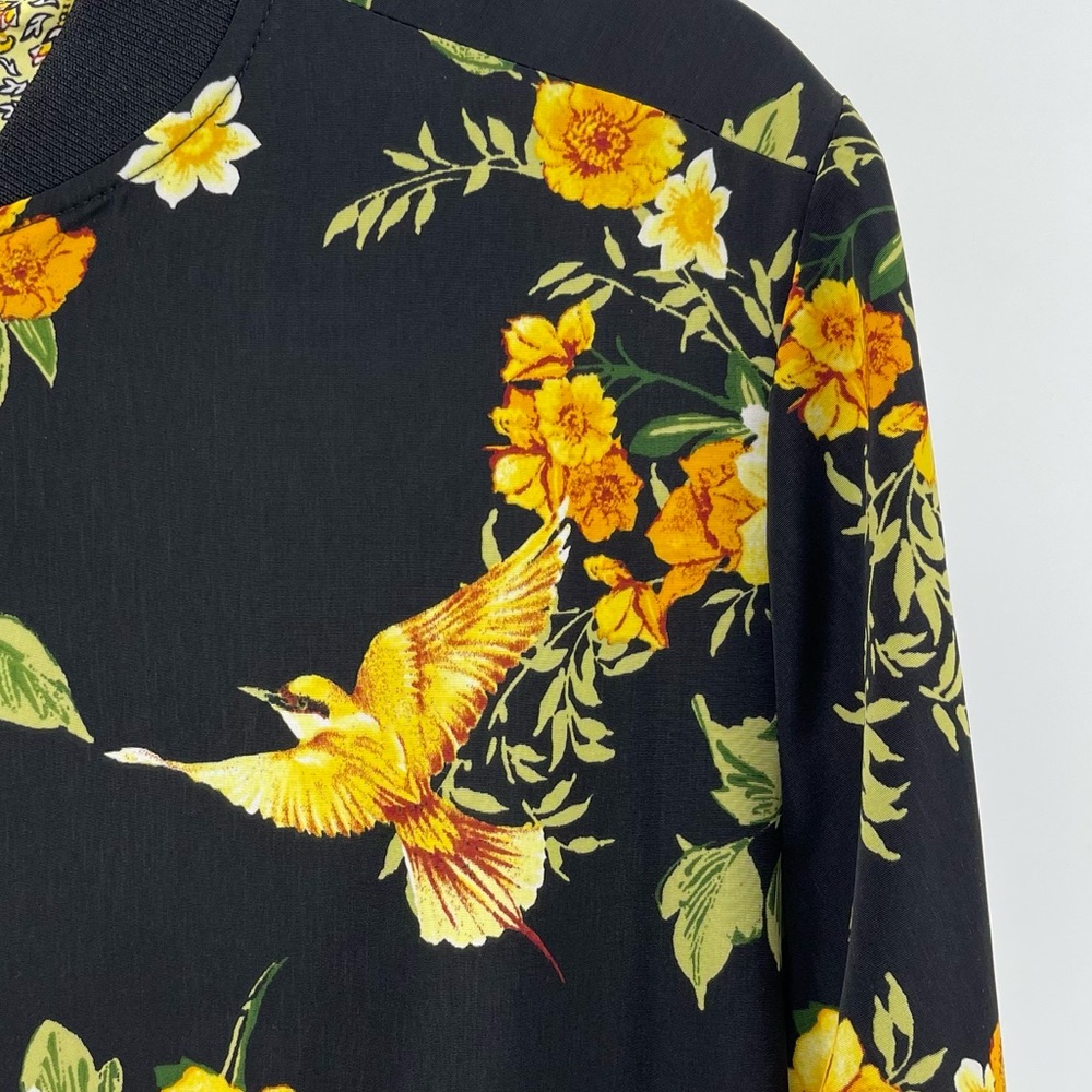 Susan Graver Bird Floral Print Bomber Jacket in Black/Yellow, Women's Small - Picture 4 of 8